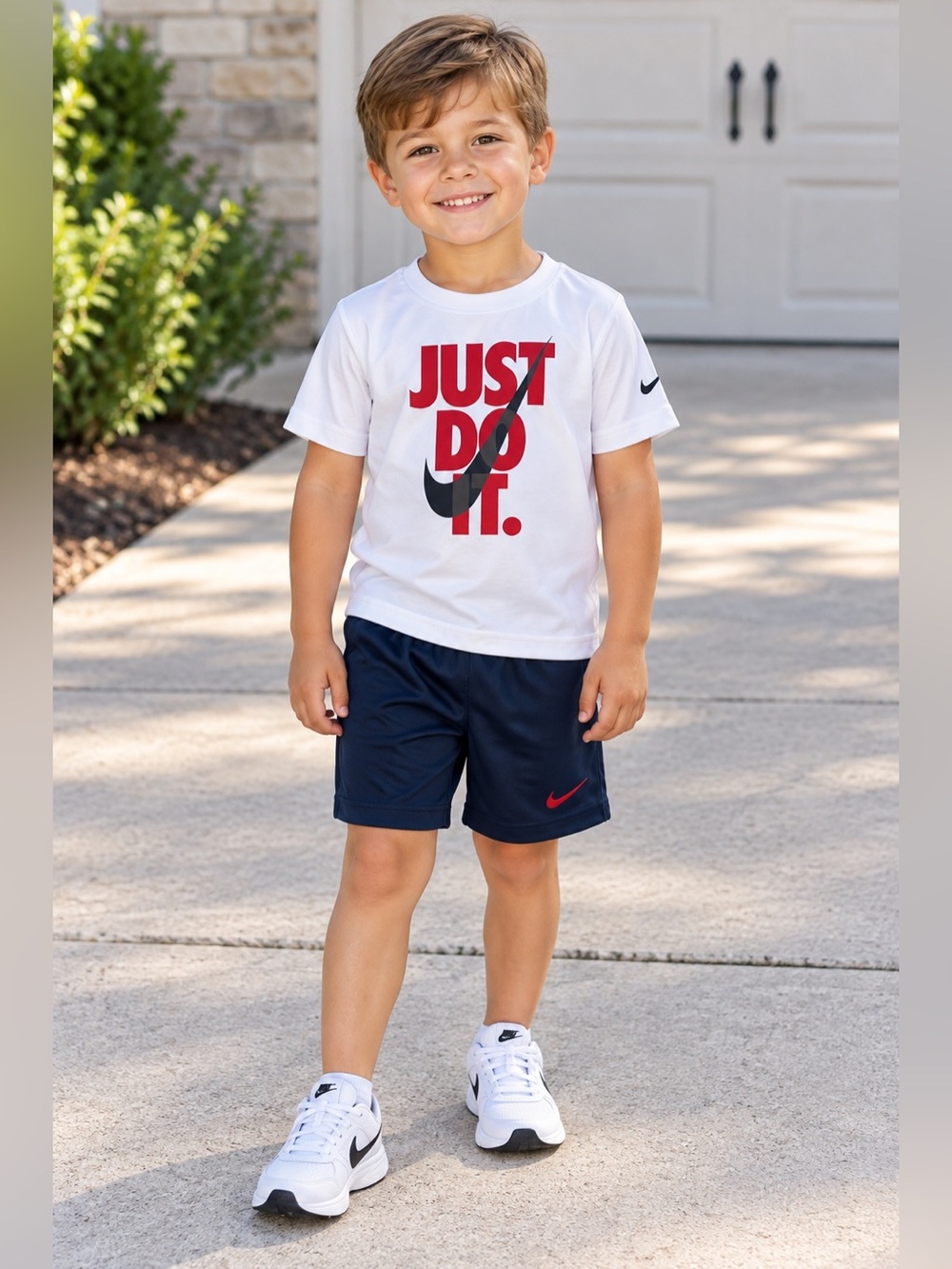 Nike Boys 2-Piece Dri-FIT Set Size 4T Navy Blue Shorts White Logo T-Shirt